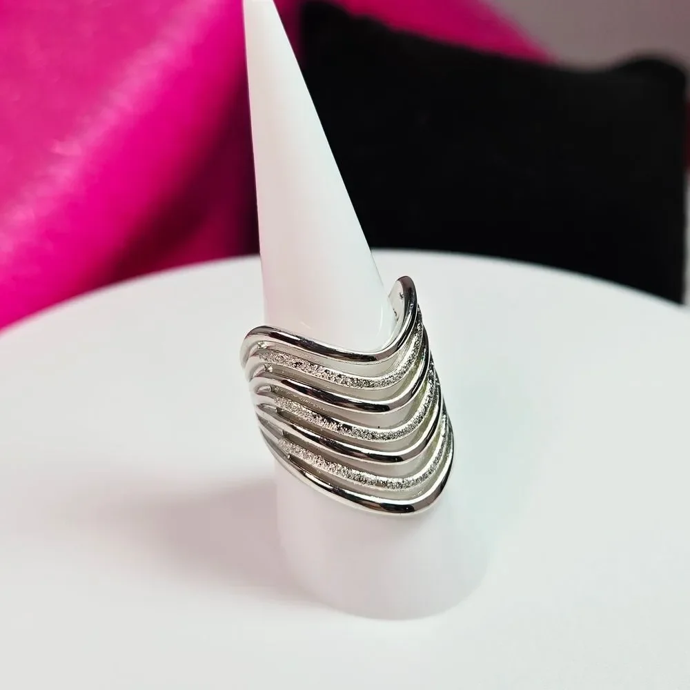 Sterling Silver Cascade Curl Wave Statement Ring – Wide Sculptural Layered Luxe